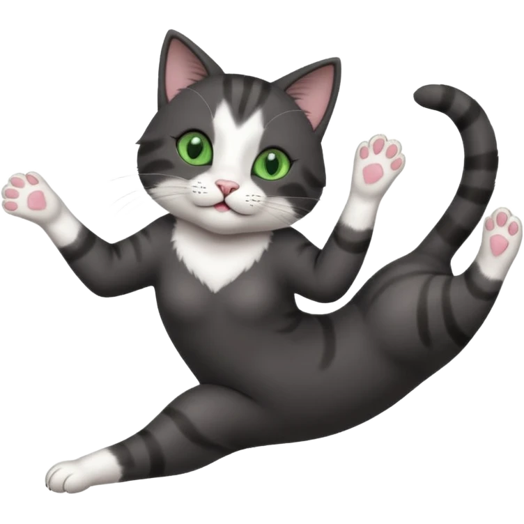 beautiful female solid dark grey cat with green eyes, white toes/paws and white patch on her chest playfully rolling upside down emoji