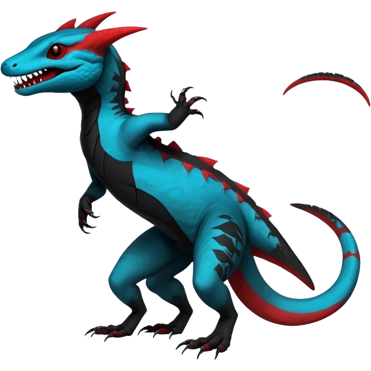 Rare realistic exotic edgy dark gothic gloomy spooky black and red/blue/cyan epic pretty beautiful handsome gorgeous aesthetic colorful vibrant Vernid-Trico-species-Fakemon-Salandit-hybrid-creature by LiLaiRa, 4 legs, 1 tail, random markings, (full body) emoji
