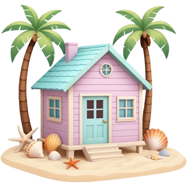cute beach house, small seaside house, wooden walls, pastel colors, palm trees, seashells, warm sunlight, 3D cartoon, mobile game icon style, soft shadows, clean background, no text, no watermark
 emoji