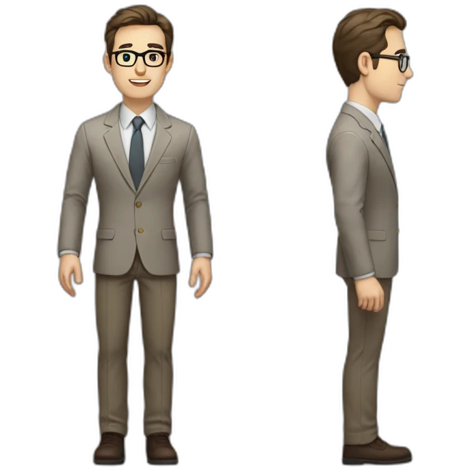 Full height Actively Gesturing Pale skinned fit man with dark brown hair in gray jacket, beige office shirt, brown tie, brown pants and vintage glasses. emoji