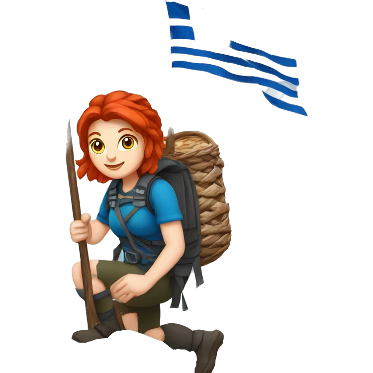 Greek Female winter mountaineer red hair white skin climbing with Greek Flag and Easter eggs basket emoji
