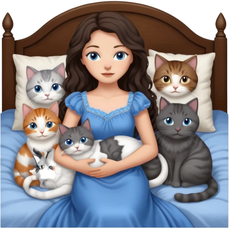 detailed realistic looking a dark grey and white cat regally laying with six other cats, cuddling with their owner in bed who is a pretty bratz lightly tanned white girl with long dark brown hair, blue eyes and gorgeous long wavy hair wearing a pretty detailed dress emoji