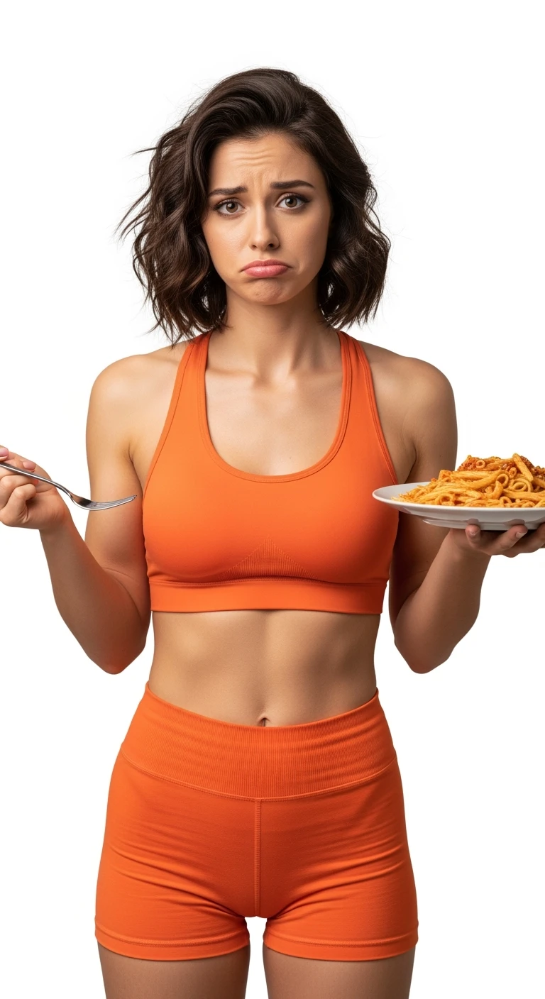 DONNA FITNESS ITALIANA CON PIATTO DI PASTA IN MANO ED ESPRESSIONE DISPIACIUTA IN VOLTO, REALISTICA 4K, ISOLATA SU SFONDO BIANCO emoji