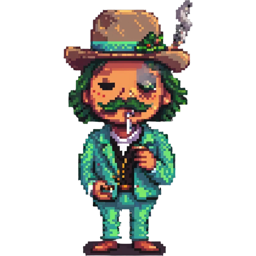 pixel art of a quirky character 'tralalero tralala' smoking a joint emoji