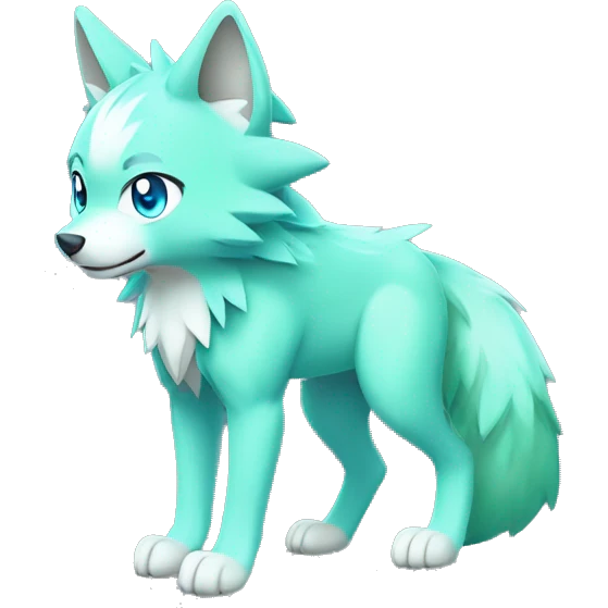 Cute Shy Shiny Pastel-Green Fakémon-Wolf-Pokémon with Cyan-Blue eyes Full Body emoji