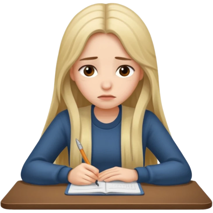 Девушка со светлыми длинными волосами грустная сидит за столом и усердно работает emoji