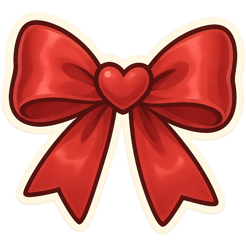 chibi style bow, red satin, shiny, simple and elegant, tied neatly, heart motif emoji