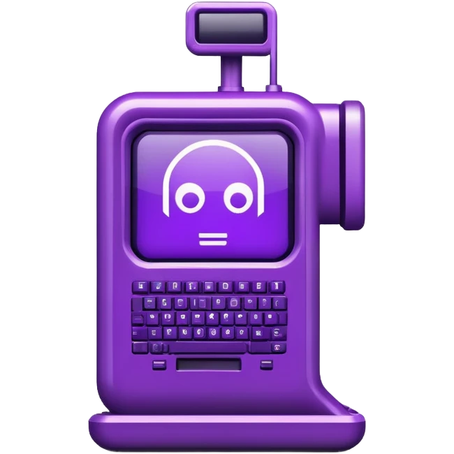 A futuristic terminal prompt colored purple ascii characters retro style emoji