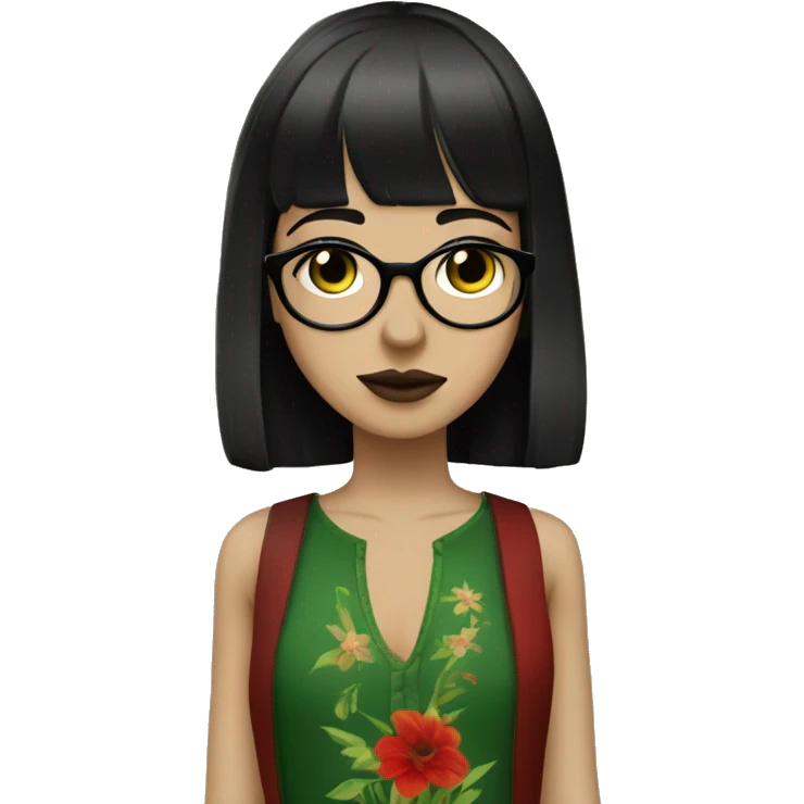 White skinny girl in a green kurta with flower design, glasses, alot of piercing, gay, red lips, nose ring, full body, short straight black edgar hair, black straight hair, front bangs emoji