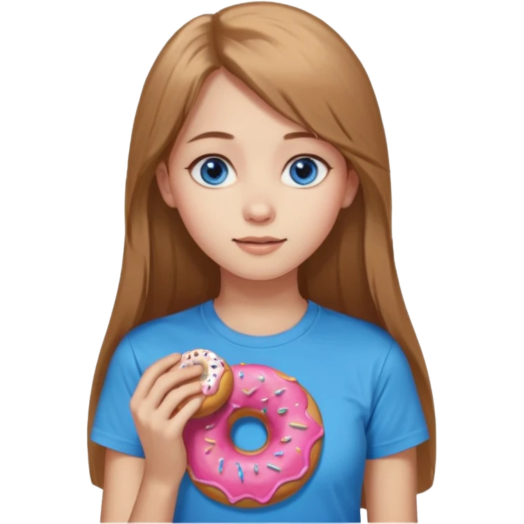 una ragazza dall‘ età di 19 anni con capelli castani chiaro lunghi e lisci ,  occhi celesti,  con addosso una maglietta con una ciambella senza orecchini  emoji