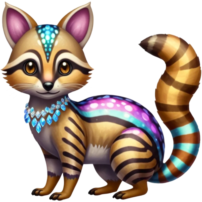 Sparkly glittery colorful fruity blingy crystalline Genet-Numbat-Ocelot-Tanuki-Ocicat-hybrid-fusion, full body emoji