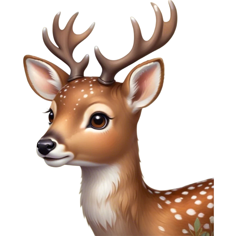 Cinematic Cute Deer Portrait Emoji, Head tilted playfully and inquisitively, showcasing a delicate Fur speckled with subtle white spots and gentle earth tones, round, sparkling eyes filled with curious wonder, Simplified yet irresistibly adorable features, highly detailed, glowing with a warm, friendly glow, high shine, affectionate and graceful, stylized with a touch of woodland whimsy, bright and endearing, soft glowing outline, capturing the essence of a mischievous yet loving fawn, so playful it feels like it could skip out of the screen into your arms! emoji