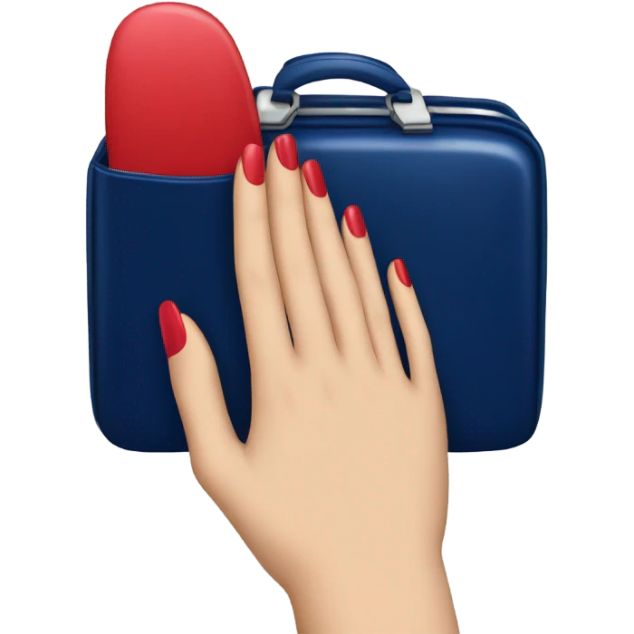 
female hand with red manicure holding a dark blue case emoji
