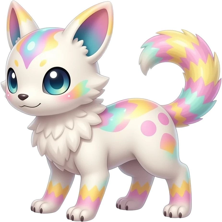 Rare realistic exotic pastel whitish pinkish yellowish gradients shiny sparkly divine celestial spiritual iridescent cute epic pretty beautiful handsome gorgeous aesthetic colorful vibrant Vernid-Trico-species-Fakemon-creature by LiLaiRa, 4 legs, 1 tail, random markings, (full body) emoji
