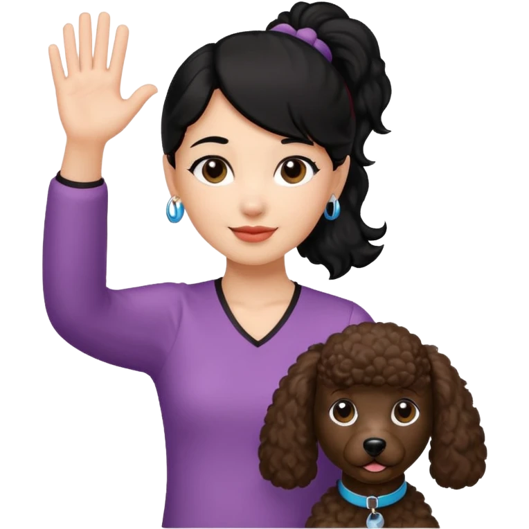 Ponytail black hair girl with brown Poodle say goodbye  emoji