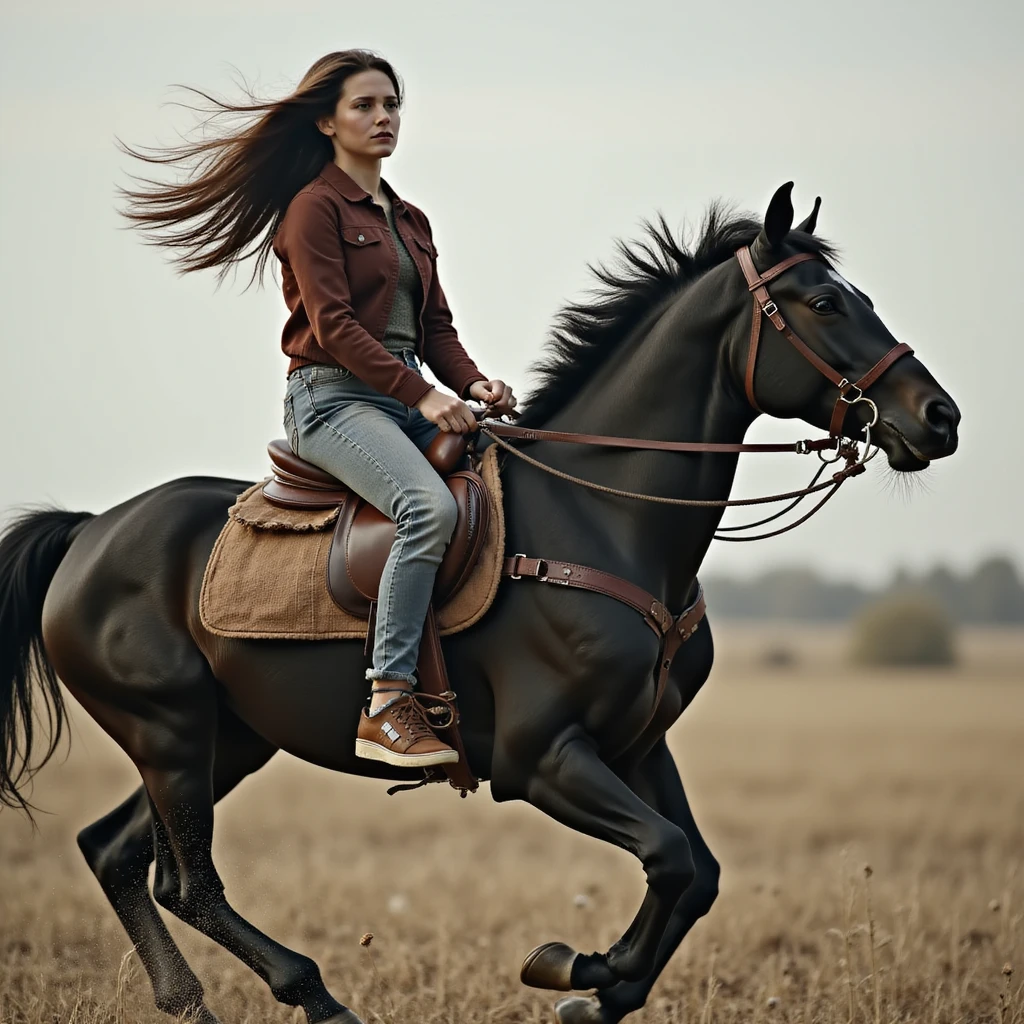 photorealistic image of a brunette girl with long hair riding a black horse without a saddle, both in motion, no background emoji