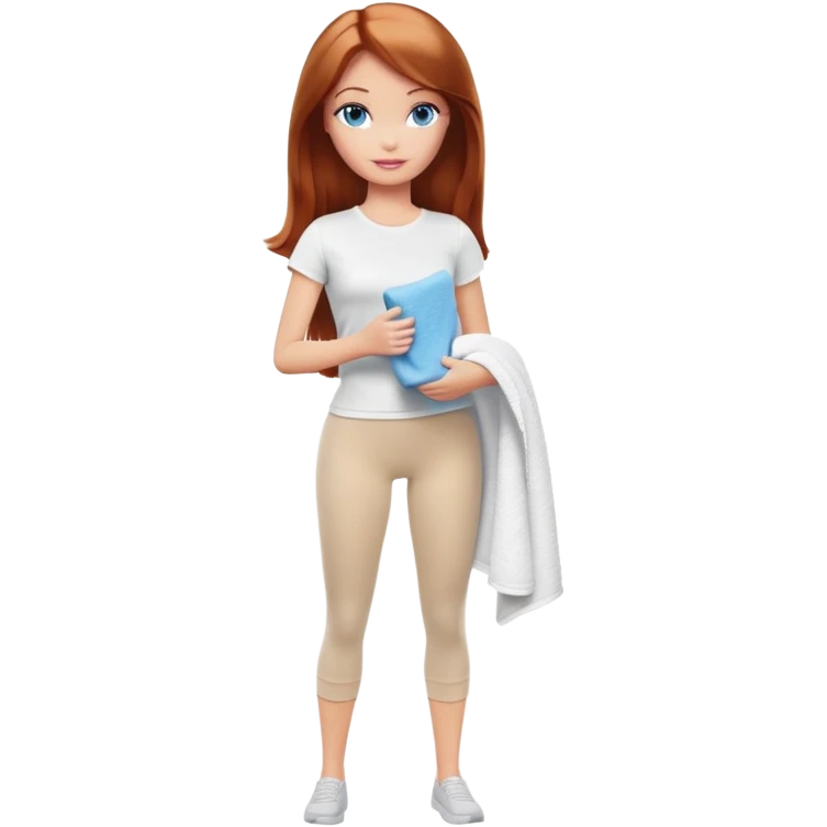 A Barbie girl with blue eyes, shoulder-length reddish-brown hair, made-up, wearing a white T-shirt and beige leggings, holding a towel in her hands emoji