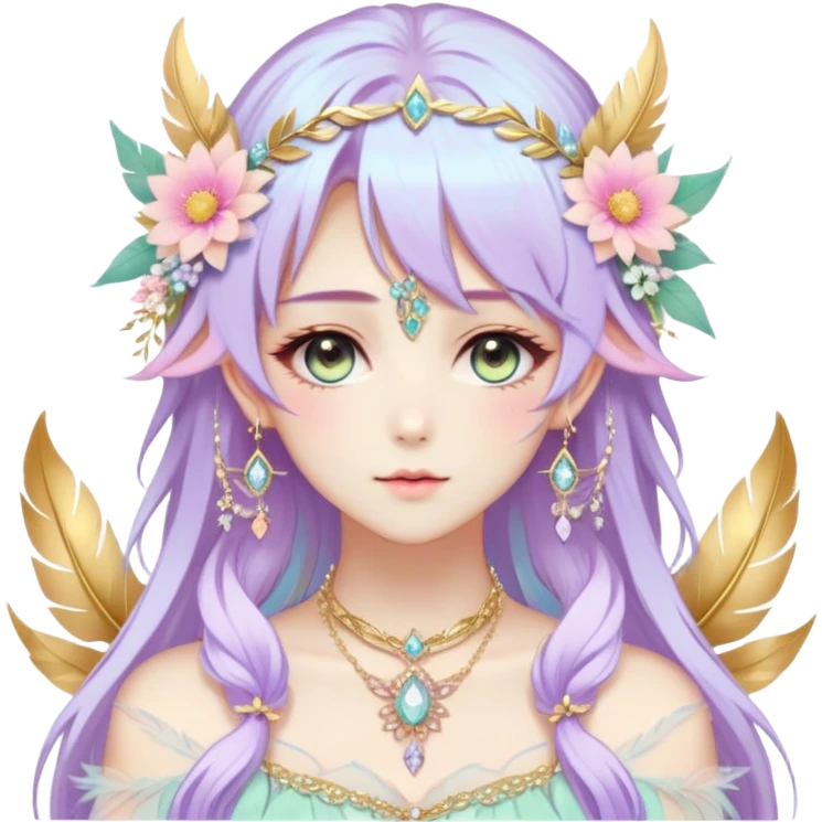 Beautiful gorgeous anime lady with beautiful pastel-special-hair, fashion aesthetic, ethereal, fairycore, pastelcore, feather, flower, crystals, accessories, gold jewelries, gold, colorful, gold laurel, gold halo, emoji