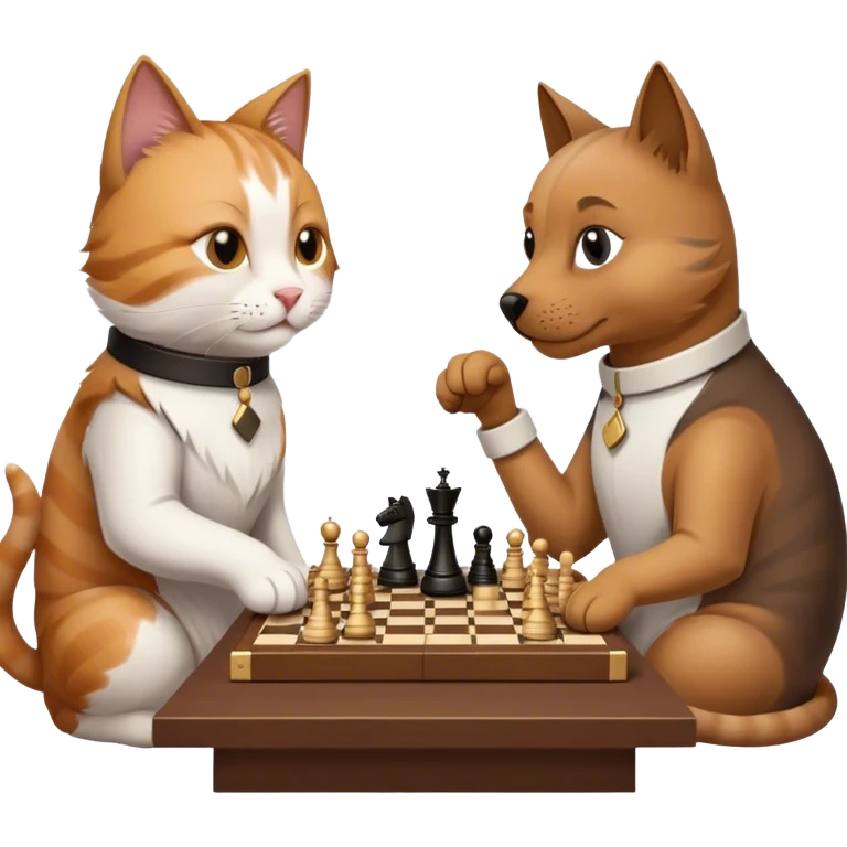 кошка с собакой играют в шахматы за столом emoji