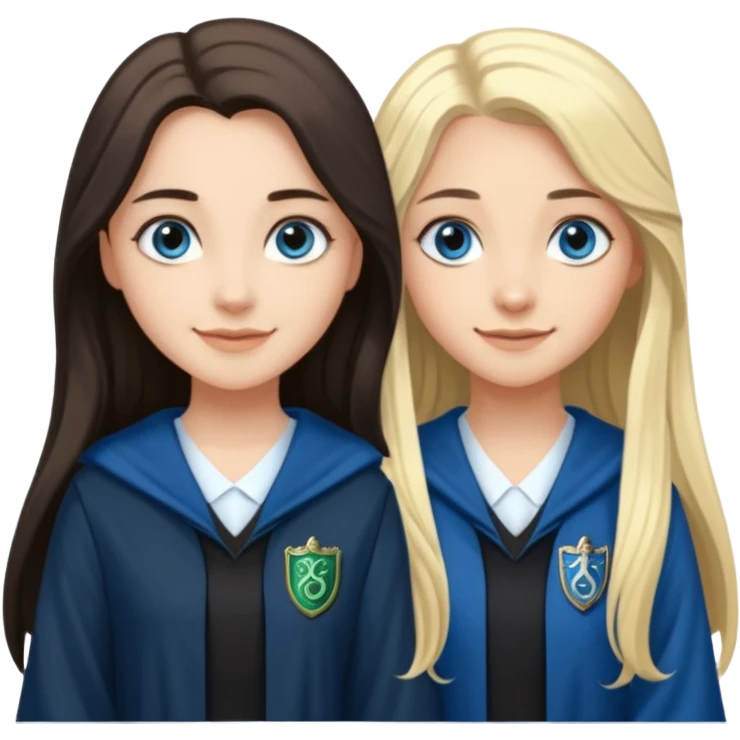 a pretty ravenclaw girl with long dark brown hair and blue eyes standing with a pretty Slytherin girl with long blonde hair, blue eyes emoji