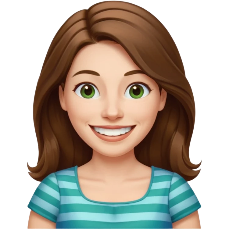 40 yr Caucasian woman, long brown hair parted on side, white stripe in hair, blue green dress ,big smile, white teeth, dimples emoji