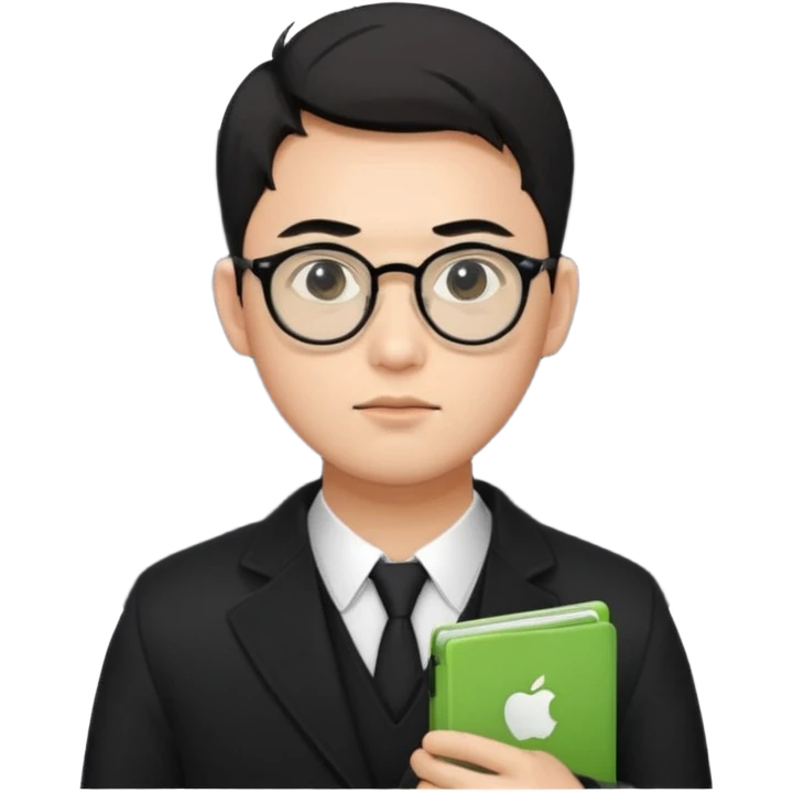 a asia white man guy his 26olds wearing an apple notebook, wearing bodyguard radio operator, round glasses, black clothes emoji