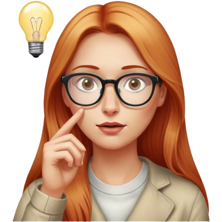 intelligent and clever, 30 year old, girl, long red and almost blond hair, glasses, has an idea, rubs her finger on the nose, light bulb over the head, casual cloth  emoji