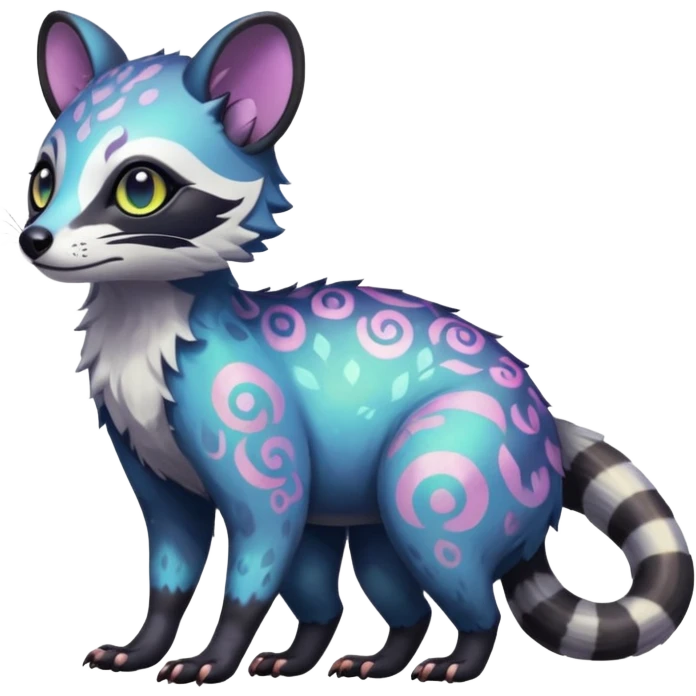 Rare iridescent white exotic epic aesthetic colorful Trico-Civet-species-Fakemon-hybrid-creature, with intricate tattoo markings, full body emoji