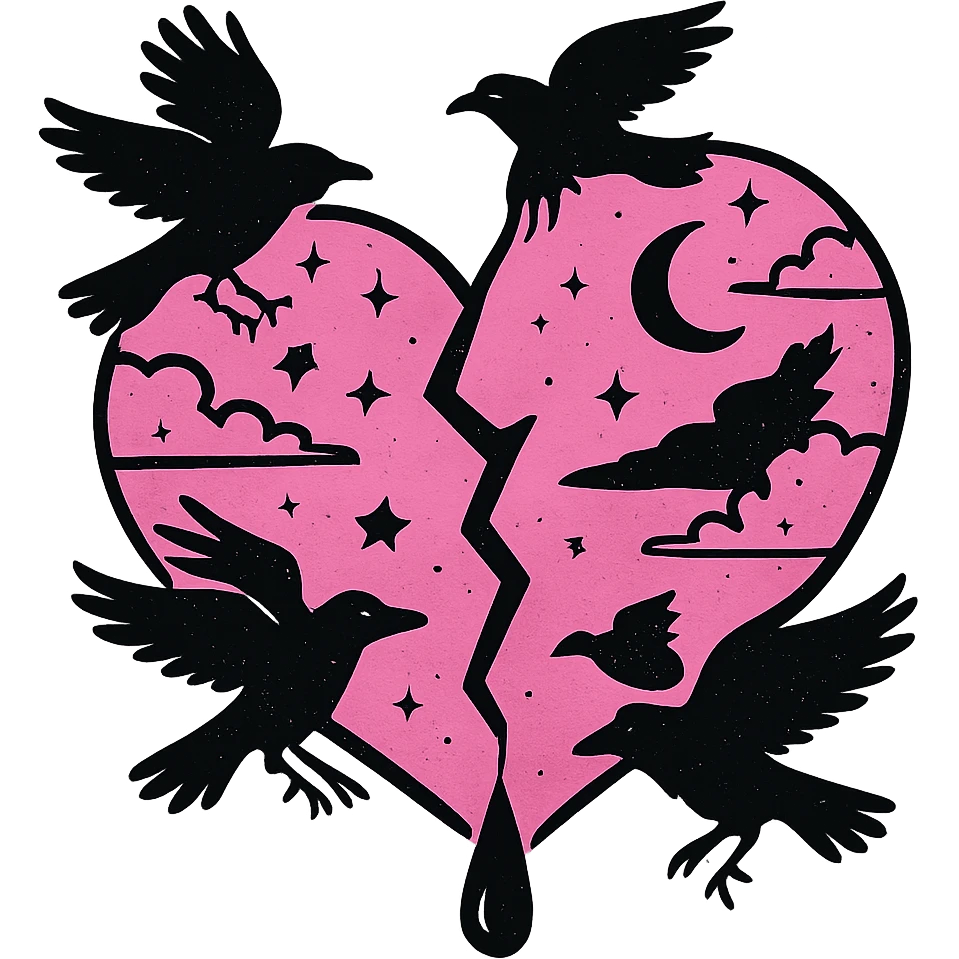 emo heart with pink night sky and dark ravens, remove background emoji