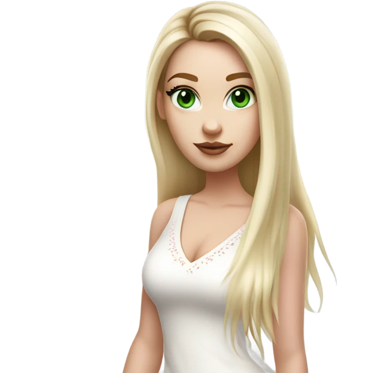 Realistic White girl with Long straight blonde hair, green eyes, tattoos, full body wearing white dress and pink knee-high leather boots, doing cute selfie pose emoji