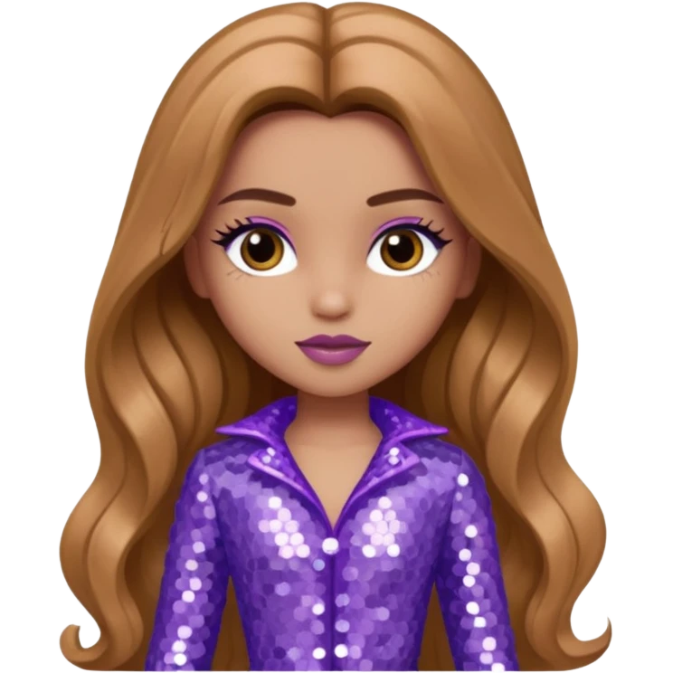 Yasmin from Bratz with long light brown hair and lavender sequin outfit emoji