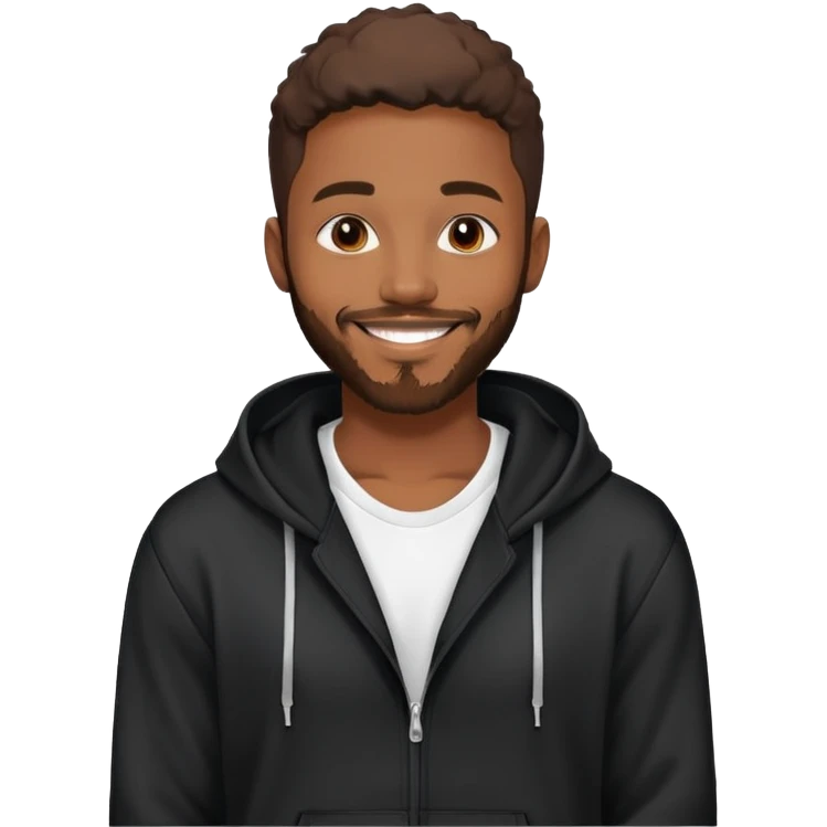 African yound man in his late 20s with a  bright smile with a short boxed beard, and a low cut hair, looking like davido the musician black hoody emoji