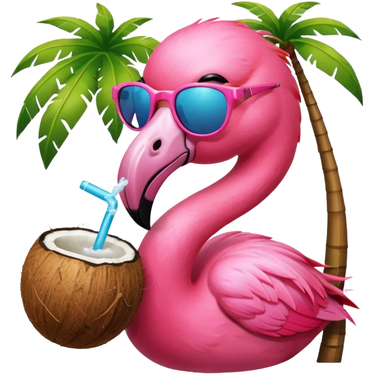 a flamingo with sunglasses and drinking a coconut, very beach summer vibes emoji