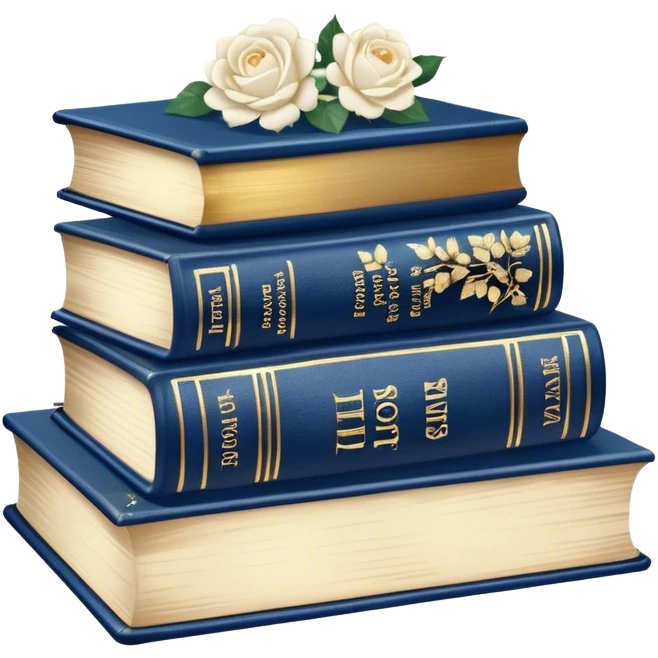 "A vintage-inspired book stack with deep blue covers, accompanied by delicate flowers and magical elements."
 emoji