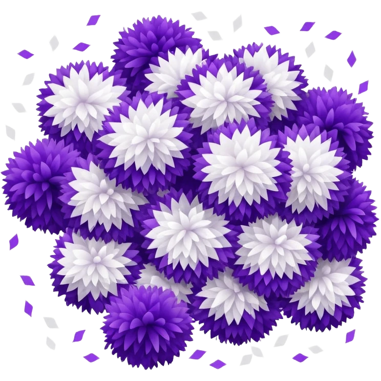 Purple and white pom-poms with white confetti emoji