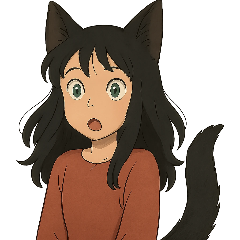 a surprised girl with huge green eyes, black fox ears, and a tail, dark hair emoji