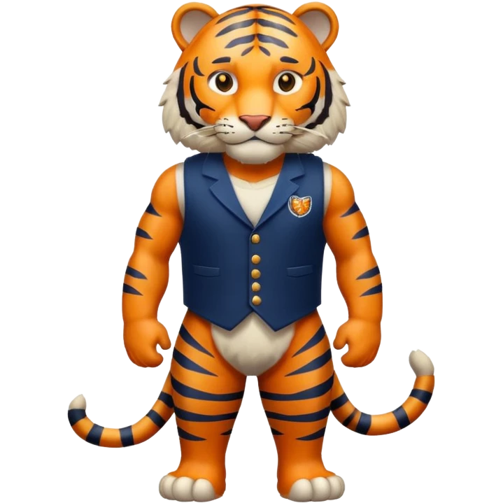crea un tigre de cuerpo completo, que lleve un chaleco color azul marino y que en el chaleco lleve el nombre (telamon) emoji