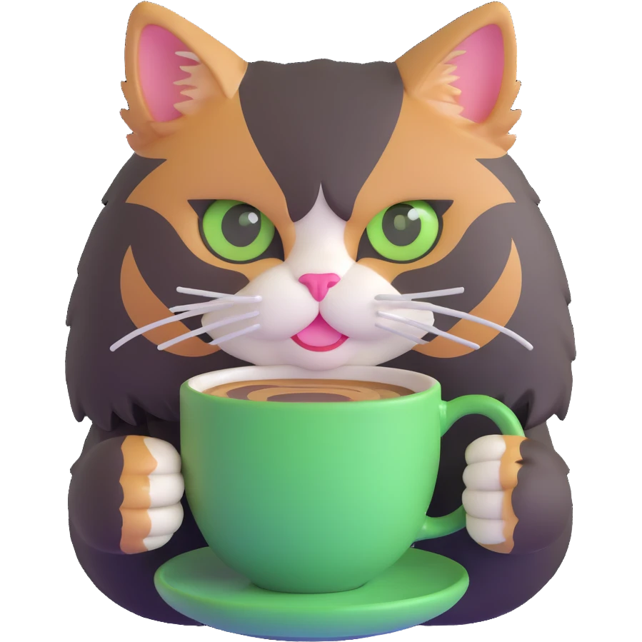tricolor fluffy cat with big green eyes drinking a cup of coffee emoji