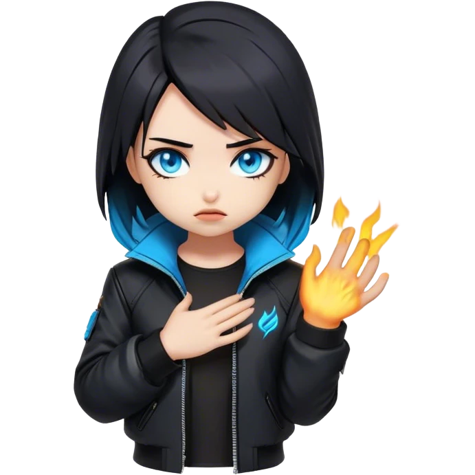 Black hair cyberpunk 2077 chibi girl with blazing blue eyes and black jacket. Hides her face in her hands shy emoji