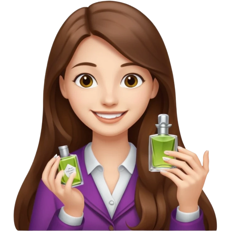 half body pretty long hair girl holding 1 parfume with smile emoji