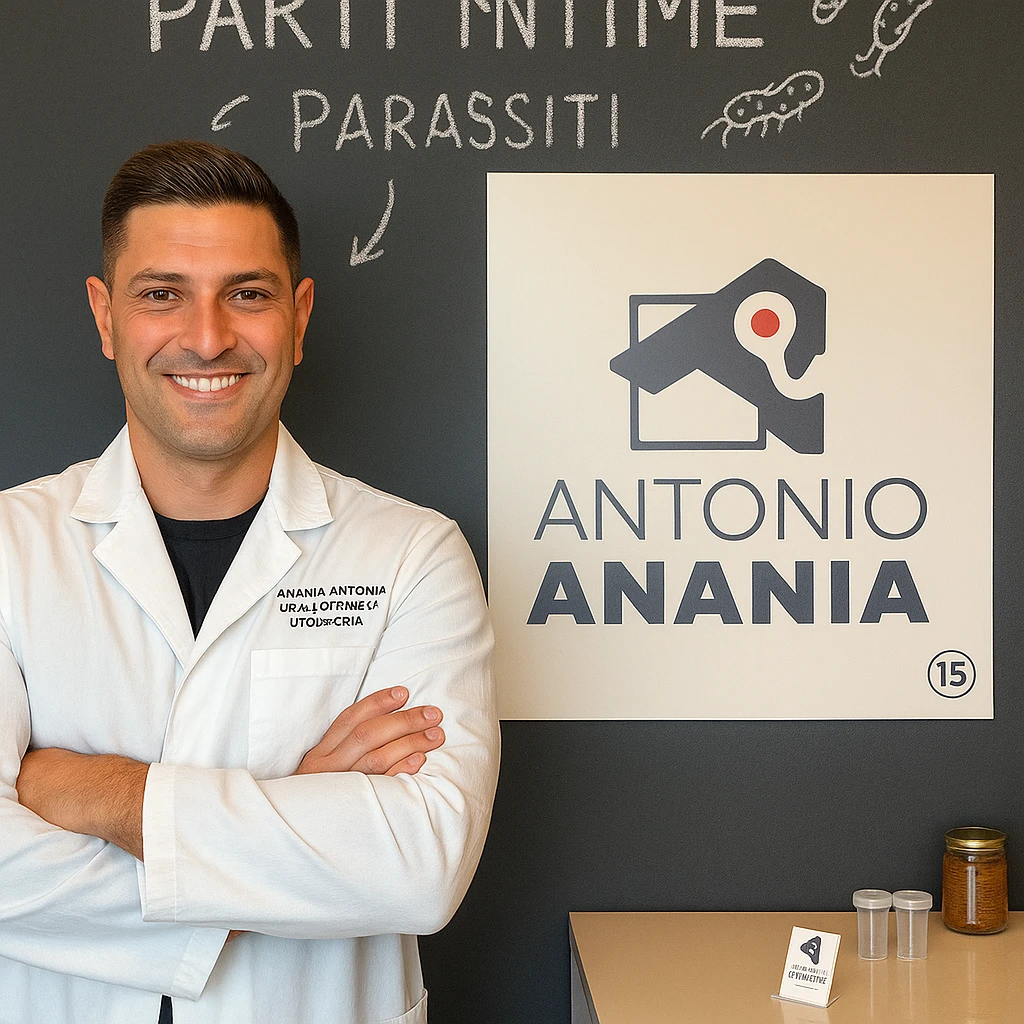 Modify the scene by writing clearly 'parti intime' in Italian on the blackboard behind the doctor. Indicate the presence of parasites with arrows or stylized drawings. Keep the doctor's face similar to the person in the photo, in a realistic, educational, and respectful style. emoji