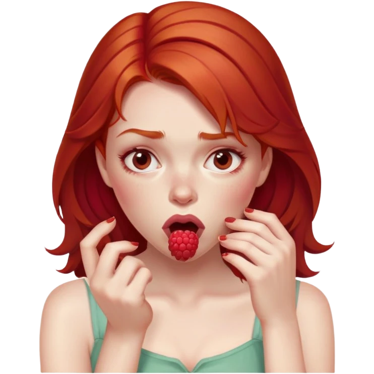 redhead girl with a displeased face eating raspberries emoji