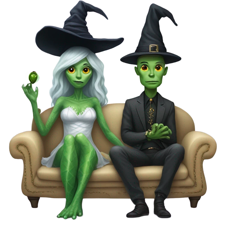alien reptilian woman as witch, human man in white dress, sitting on a couch  emoji
