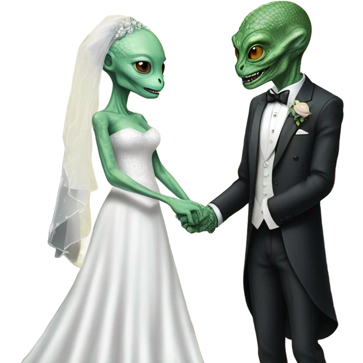 Alien reprilian woman in wedding dress, and one humman man in a tuxedo holding, hands getting married emoji