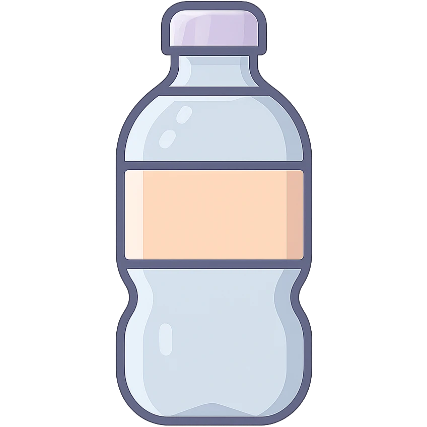 classic water bottle with label, icon-color-outlined style, Chinese eastern style, thin clean contours, soft rounded shapes, pastel palette #98B5BC, #B5B3C1, #C9A3C9, #E4C0CA, #F7DCD1, #F7C0AA, detailed shadows and highlights, soft lighting, transparent background, no decoration, bottom view emoji