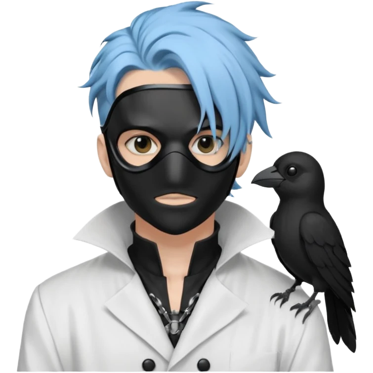 Handsome sexy adult anime man with light-blue hair and a black bird beak mask that covers whole face, black face mask, black mouth mask, black feathers draped over shoulder, wearing a white lab coat, long thin hair tendrils on the sides, with a mechanical raven sidekick emoji