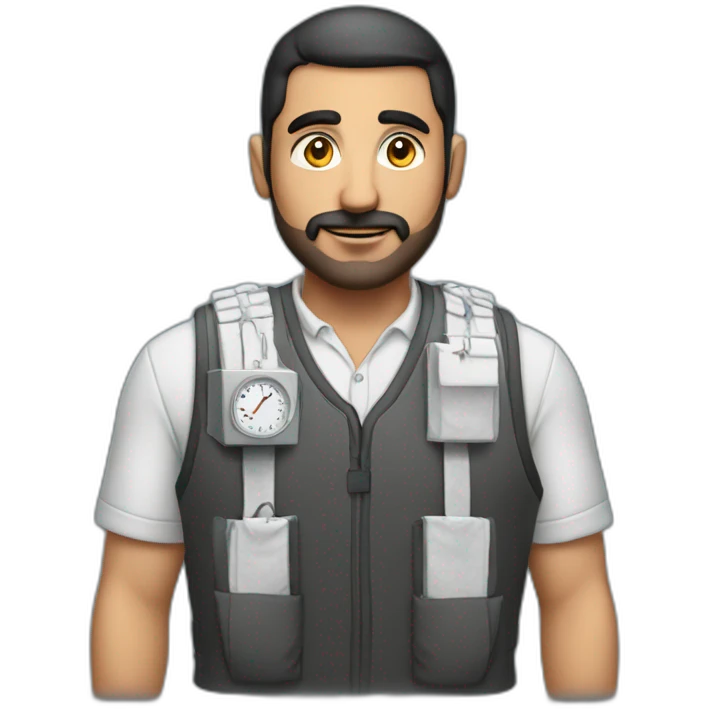 arab man in large bulky vest with electrical wires connecting pockets and a analog clock emoji
