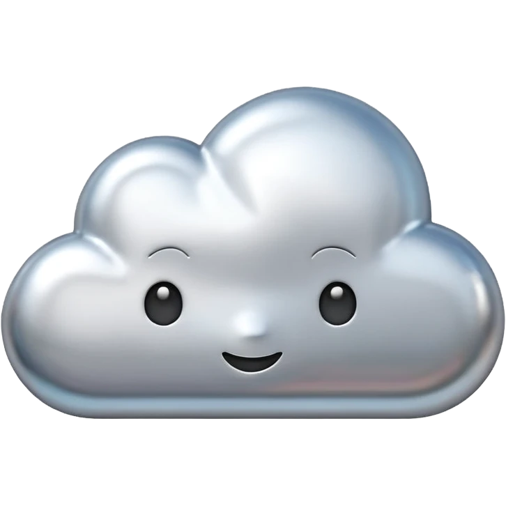 A cute cloud emoji made of silver chrome, smooth rounded shape, glossy metallic surface, soft reflections, minimal and friendly design, iOS emoji style, centered, clean white background, soft lighting emoji