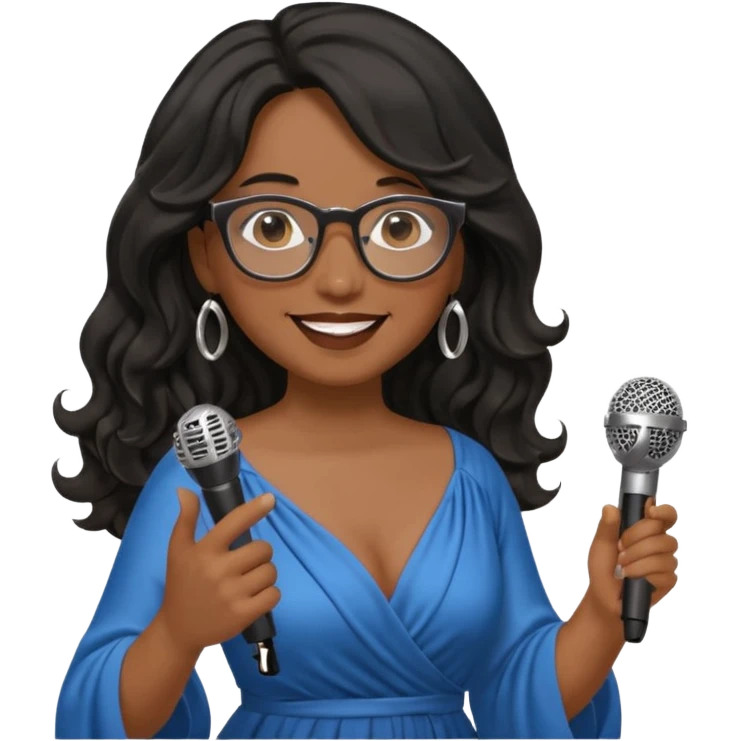 singer, Middle age, long wavy black hair, brown skin, wearing dress, holding mic, glasses emoji