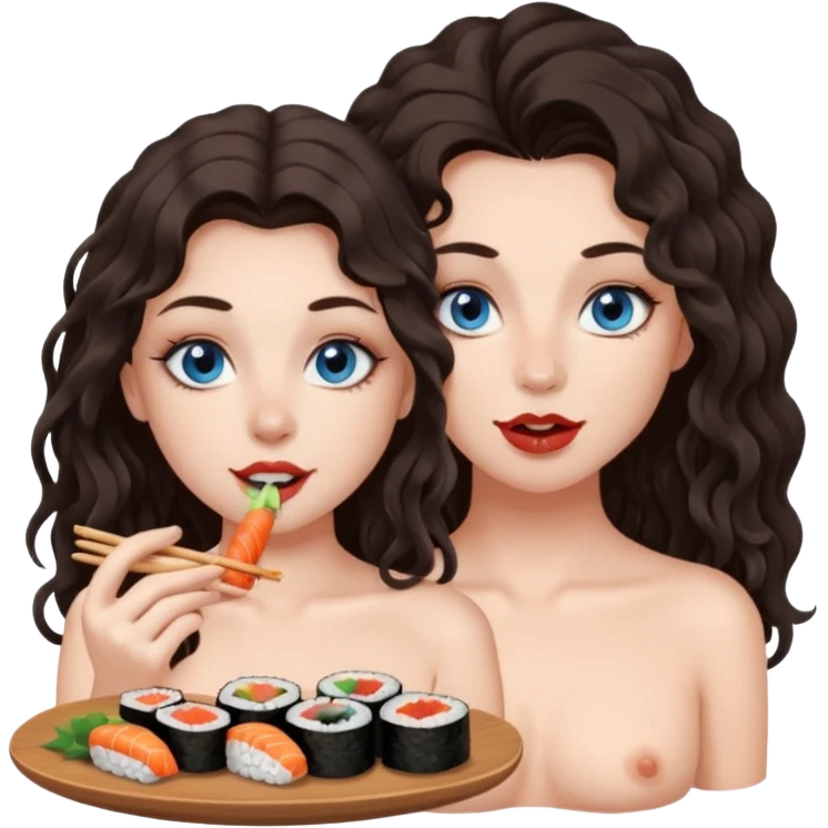 white girl, dark brown long slightly curly hair , skinni but with big breast , septum piercing on nose, beautiful dark gray-blue eyes, naked , skinny, eating sushi, emoji